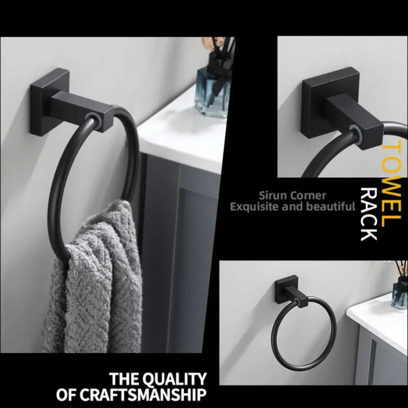 Description Picture 2 of itemBlack Stainless Steel Hand Towel Ring Wall Mounted Square Base Towel Racks Easy Installation Towel Holder Home