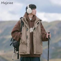 Vests Men Winter Waistcoats Warm Retro High Street Minimalist Ulzzang Fashion Clothing Baggy Teens American Military Handsome BF