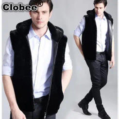 sleeveless hoodie faux fur vest coat 1 winter man outwear faux mink fur jackets coats black leather overcoats plus size WR652