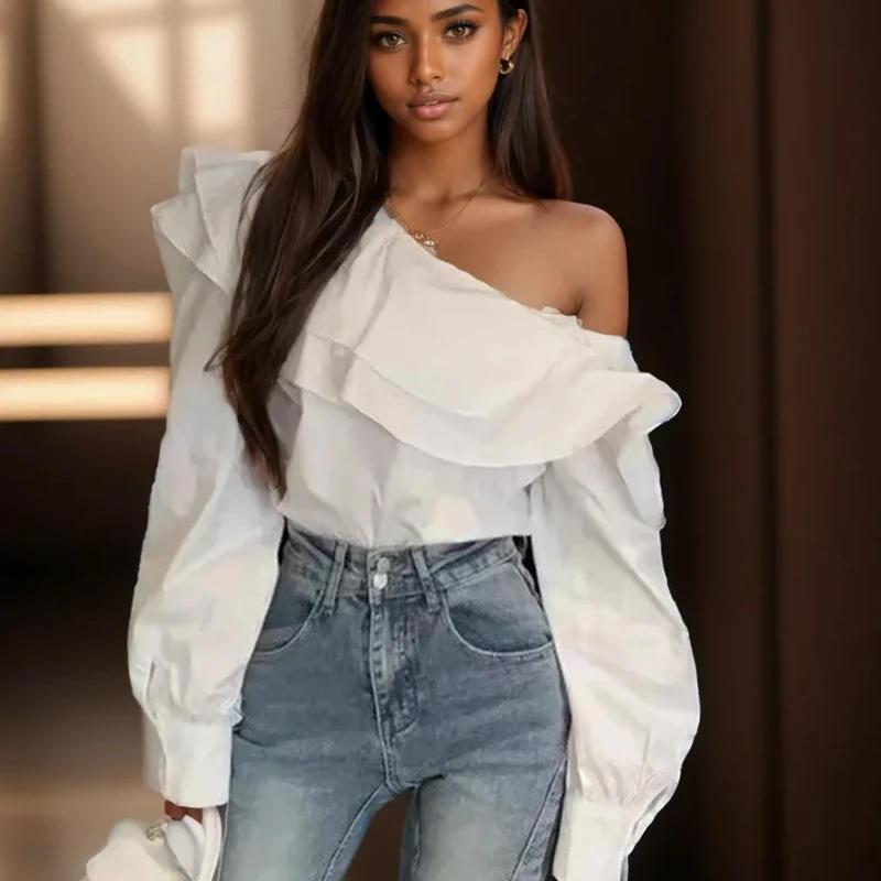 Description Picture 6 of itemVintage Ruffled Off Shoulder White Shirt for Women Fashion Long Sleeve Loose Elegant Blouse Women Slim Fit Casual Sexy Tops 8395
