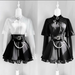 Japanese Gothic Y2k Lolita Style Shirt Skirt Set Women Sweet Lace Bow Shirt Kawaii Pearl Mini Skirts Female Fashion Slim Outfitn