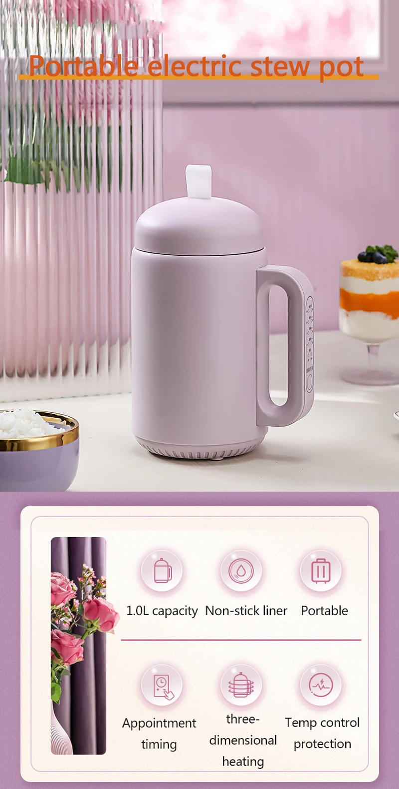 Description Picture 2 of itemCUKYI 1L Health Pot Electric Kettle Porridge Boiling Machine Stew Soup Cup Slow Cooker Water Boiler Tea Maker Office Warmer 220V