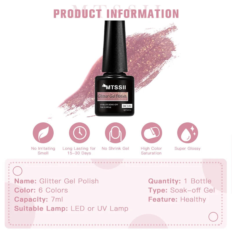 Description Picture 3 of itemMtssii 7ml Red Glitter Gel Nail Polish Sequins Shiny Manicure Semi Permanent Base Top Coat Soak Off LED UV Nail Art Gel Varnish