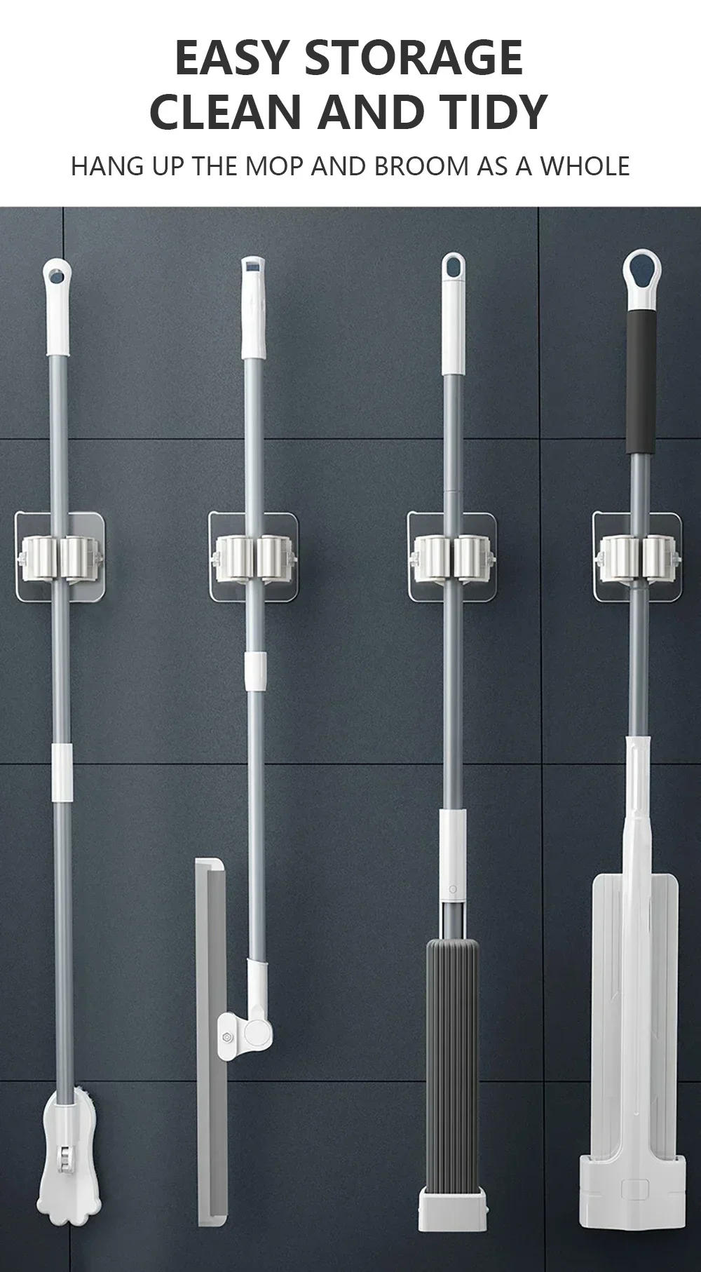 Description Picture 2 of itemMop Holder Self-adhesive Broom Stand Wall Mounted Mop Support Sweeping Brush Hook Storage Organizer Bathroom Kitchen Accessories