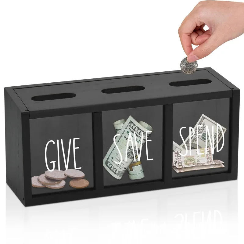 Description Picture 4 of itemWooden Give Save Spend Money Saving Box for Kids, Countertop Kid Piggy Bank for Daily Cash, Wall-Mount Kids Bank
