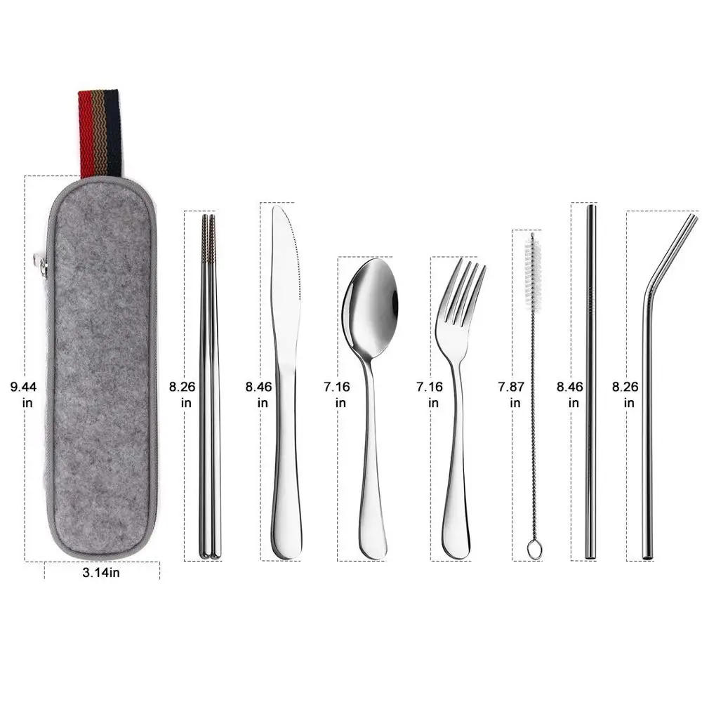 Description Picture 2 of item8Pcs/set Tableware Reusable Travel Cutlery Set Camp Utensils Set with stainless steel Spoon Fork Chopsticks Straw Portable case