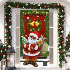 Christmas Door Cover Black Santa Claus Decorations Merry Christmas Banner Decor Christmas Bells Tree Vintage Wall Hanging Banner