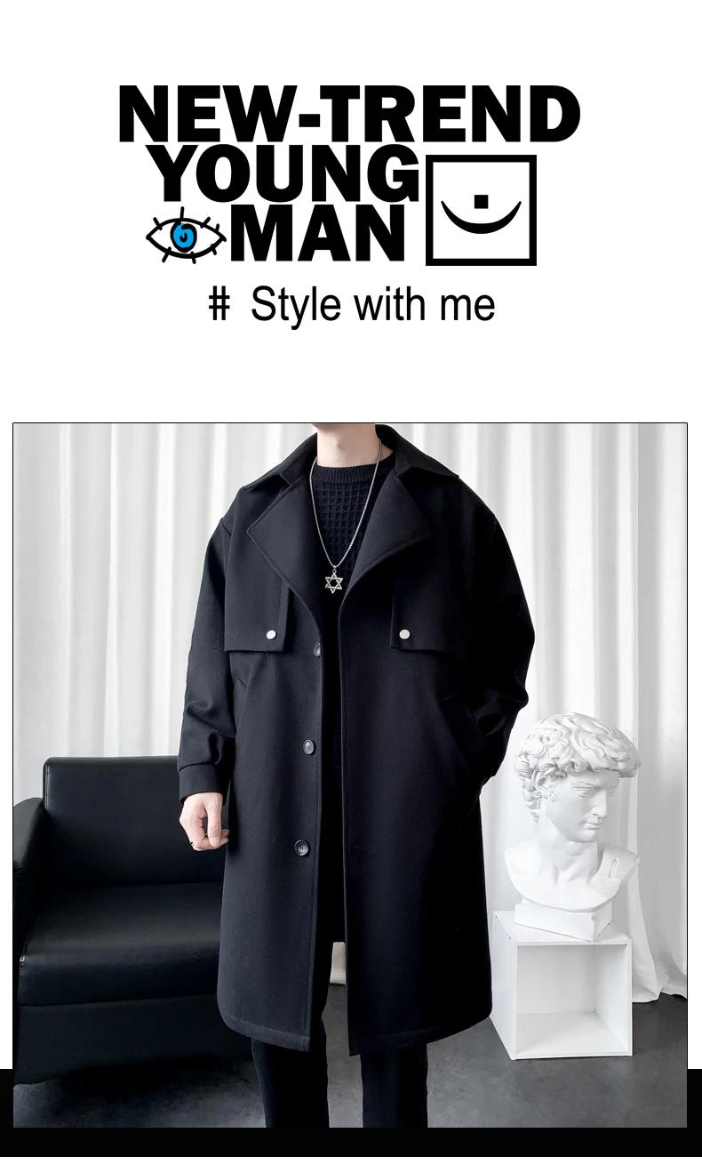 Description Picture 3 of itemAutumn and Winter New Solid Color Men's Medium-length Tweed Coat Fashion Trend Casual Youth Lapel Warm Coat