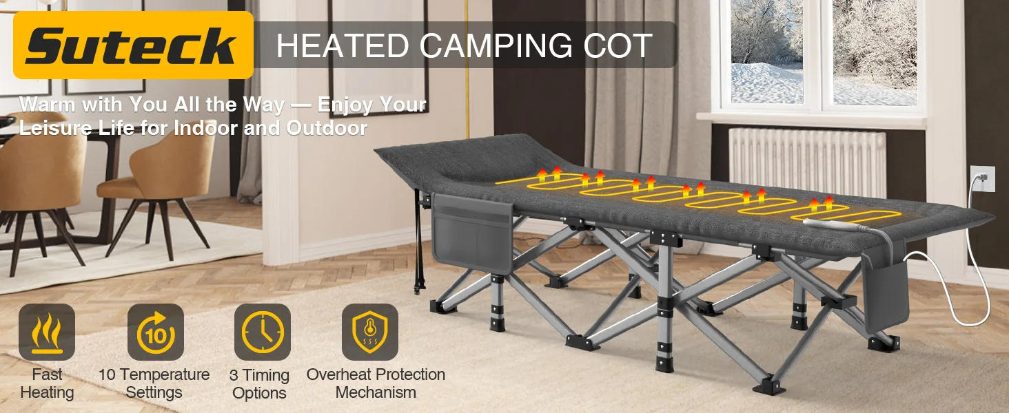 Description Picture 2 of itemHeated Camping Cot, Folding Camping Cot Bed for Adults Sleeping Portable Folding Outdoor Cots for Camping W/Build-in Soft Cotton