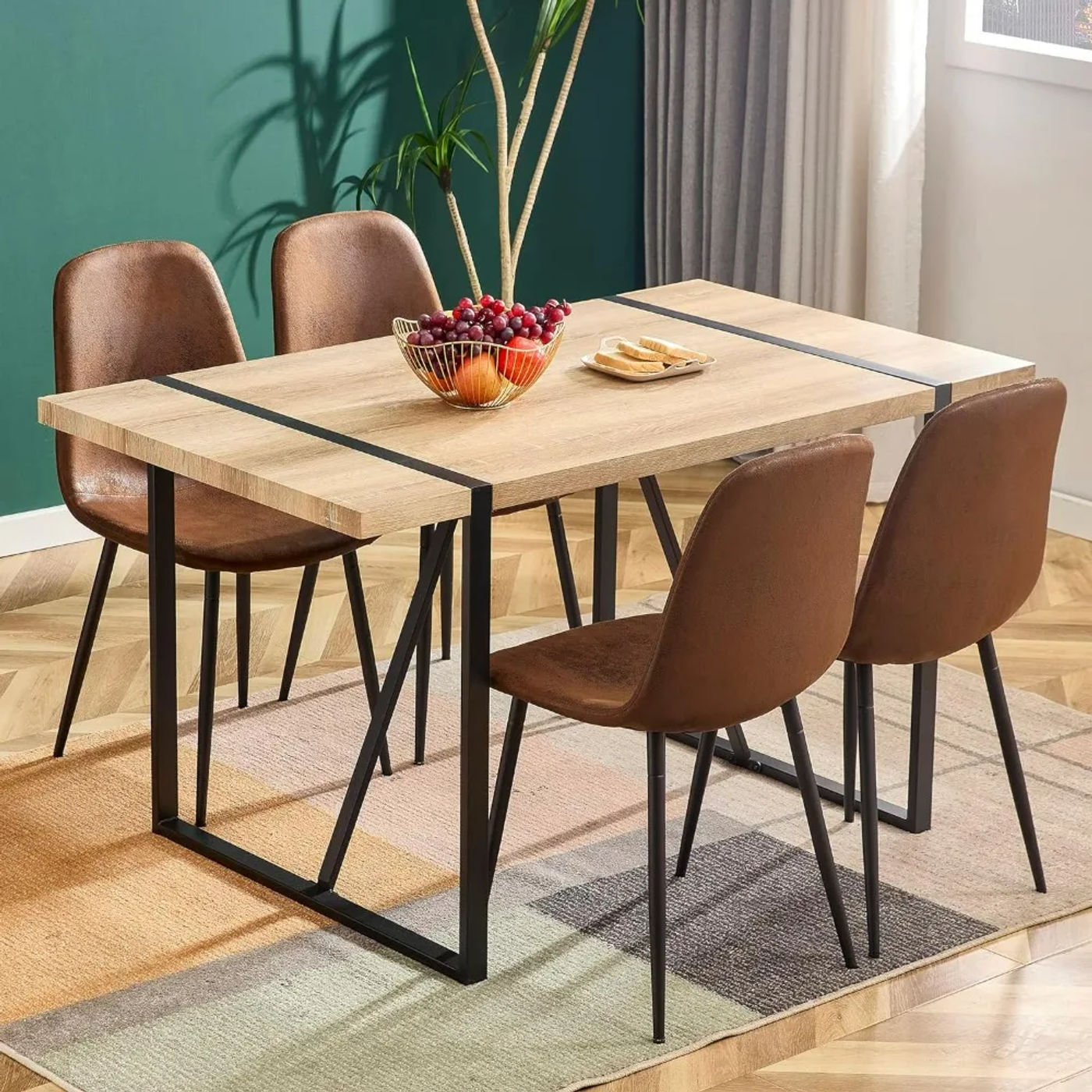 Description Picture 2 of item5 Piece Dining Room Table Set,for 4 People,55 Inch Kitchen Dining Table With Wood Tabletop And Metal Frame & 4 Fabric Chairs Set
