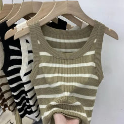 2025 Summer Striped Tank Tops Women Sleeveless Knitted T-Shirts Crop Tops Female Elastic Slim Casual Vests Spring Pullover Camis