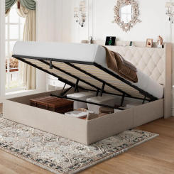 King Lift Up Storage Bed Frame Button Tufted Wingback Headboard with Outlets & Type A/C Ports 10.8" Hydraulic Storage Wood Slats