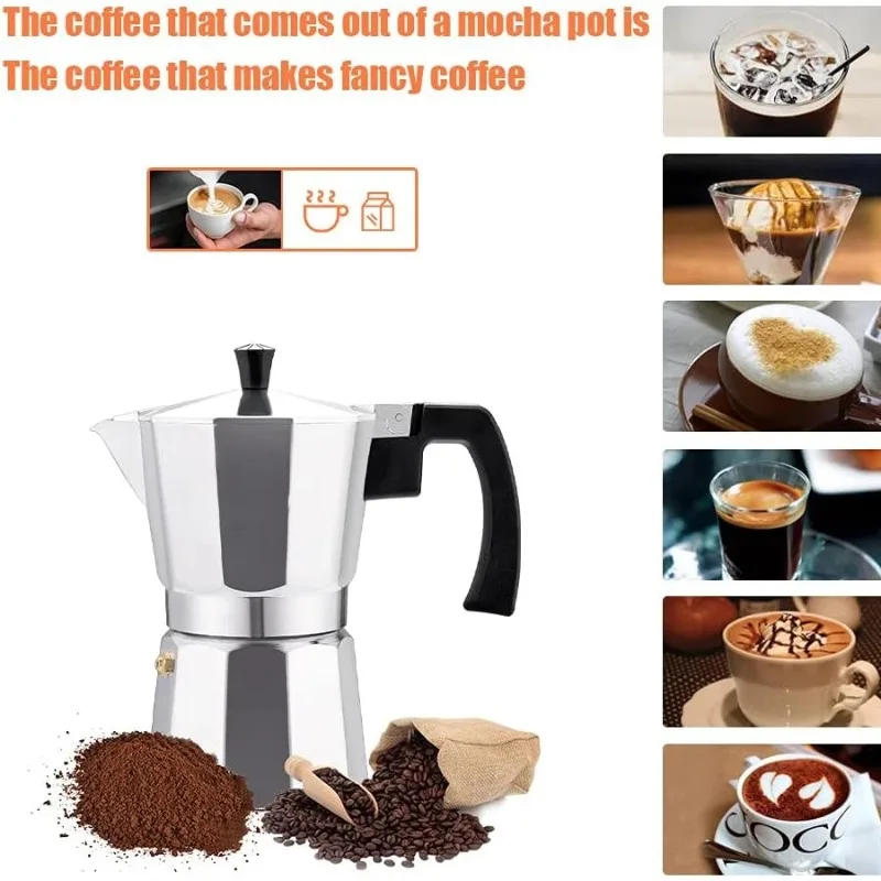 Description Picture 3 of itemNew Mocha Coffee Pot Stovetop Espresso Maker Aluminum Silver Coffee Percolator Home Hand-brewed Octagonal Moka Pot Kitchen Tool