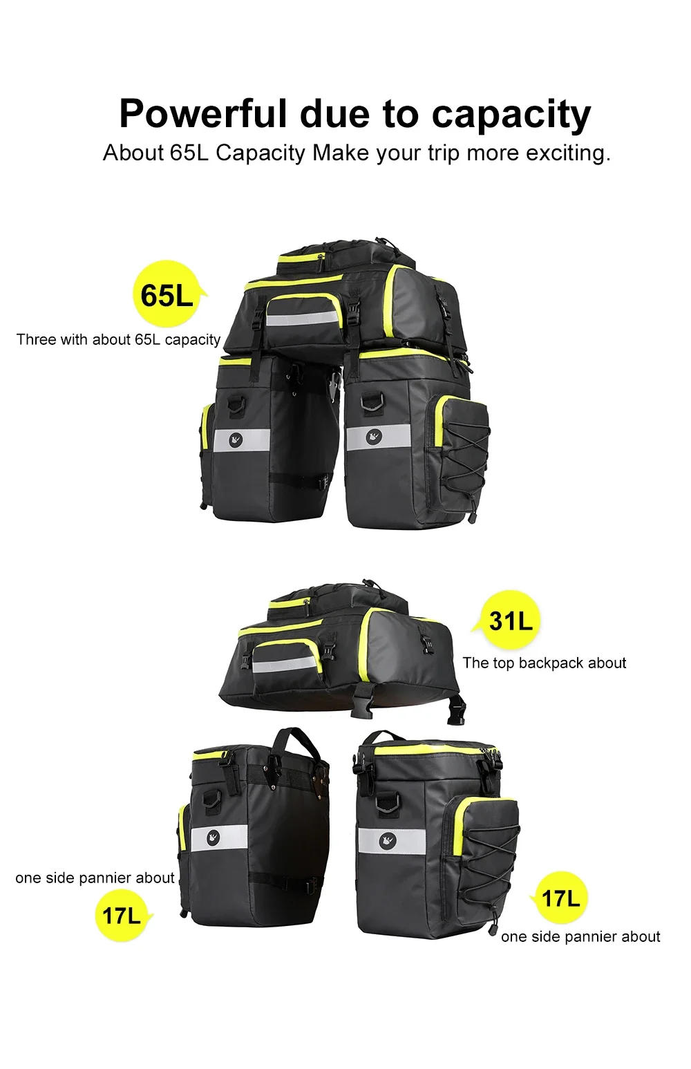 Description Picture 4 of itemRhinowalk Bike Pannier Bag 3 in 1 65L Big Capacity with Rain Cover Cycling Rear Rack Seat Trunk Bag for Mtb&Road Folding Bicycle