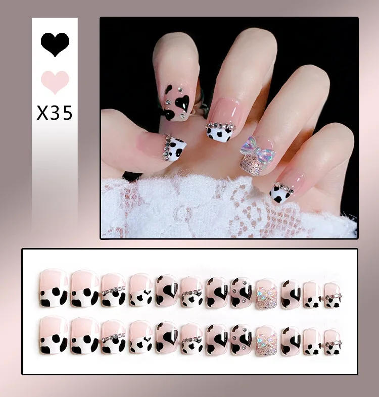 Description Picture 3 of item24Pcs French With Drill Short Fake Nails Press On Nail Tips Artificial Full Cover Cute Bow Wearing False Nails Art Free Shipping
