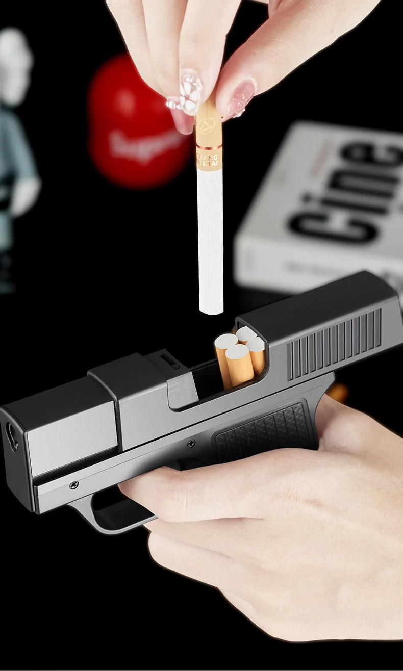 Description Picture 3 of itemPistol-shaped Waterproof Lighter 10PCS Cigarette Box Turbine Can Switch Blue Red Flame Metal Creative Butane Lighters Gadgets