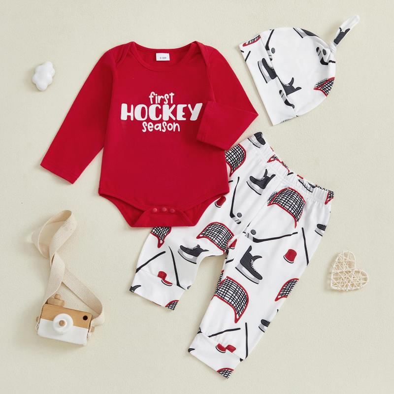 Description Picture 5 of itemBaby Boy 3Pcs Pants Sets Long Sleeve Letter Print Romper Ice Hockey Print Pants Hat Outfit