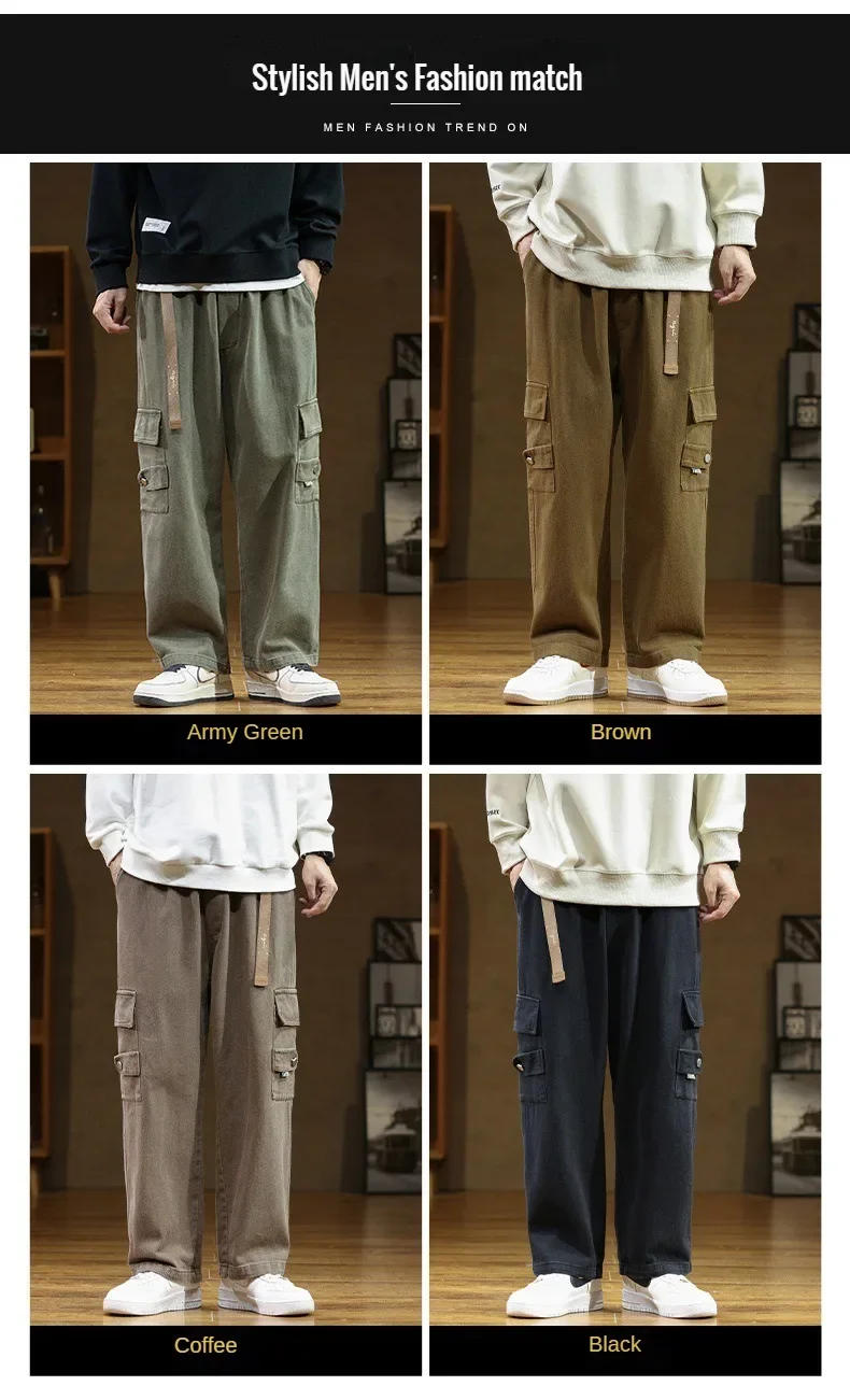 Description Picture 5 of item2024 New Men Cargo Pants Cotton Straight Wide Leg Oversize Pants Male Korean Style Autumn Big Size Fashion Pockets Casual Pants