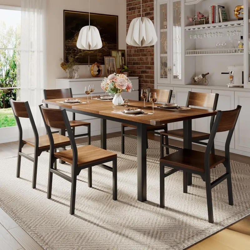 Description Picture 2 of item7-Piece Dining Table & Chairs Set for 4-6, 63" Extendable Kitchen Table with 6 Chairs, Dining Room Table with Metal Frame