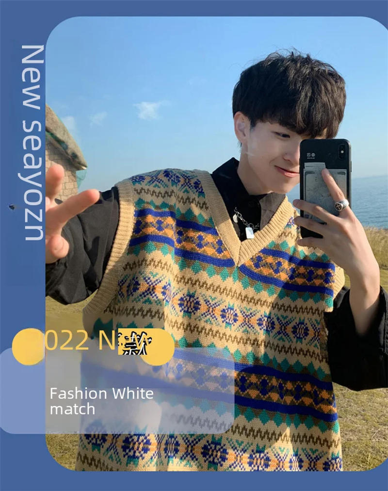 Description Picture 2 of itemMen's Vintage Knit Sweater Vest Loose-fit Trendy Spring Season V-neck Sleeveless Casual Wear Vest Top