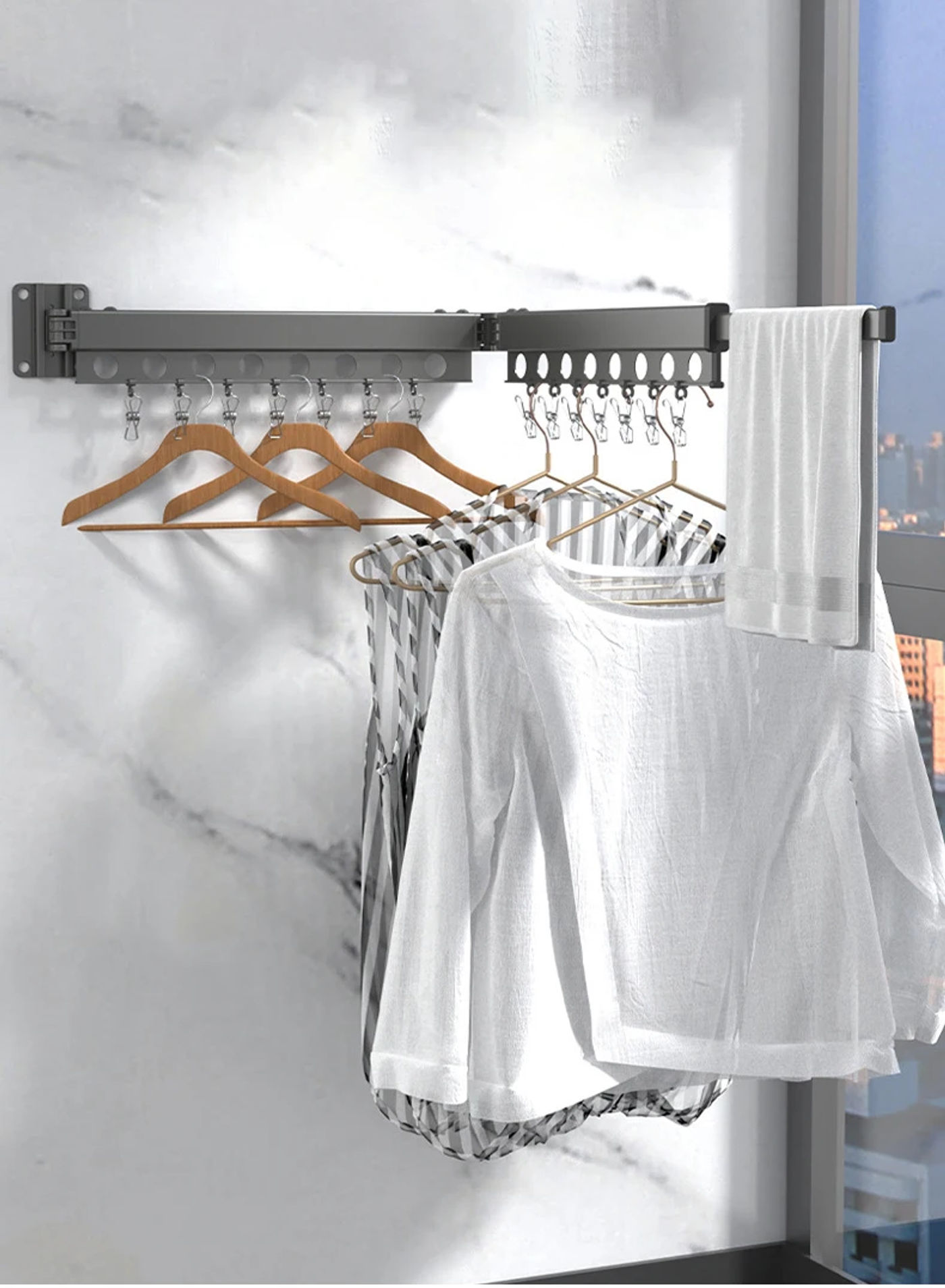 Description Picture 4 of itemWall Mounted Clothes Drying Rack Folding Extendable Clothesline Clothes Retractable Organizer Laundry Holder Wall Clothesline