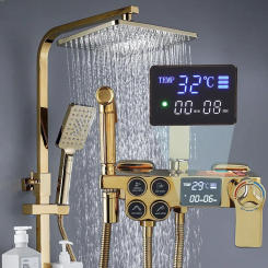Gold Digital Shower Faucet System Bathroom Hot Cold Thermostatic Bath Set Wall Mount SPA Mixer Rain Tap Bathtub Luxury Torneiras
