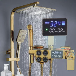 Hot and Cold Digital Shower Set Faucet Bathroom System Black Gold  Square Head  Bath