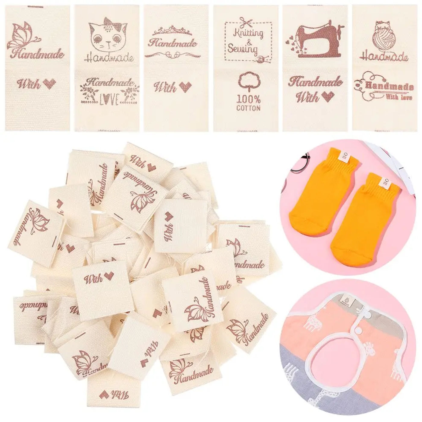 Description Picture 2 of item50PCS Handmade With Love Cloth Garment Labels Cartoon Cat Love Heart Woven Knitted Supplies Sewing Accessories Clothing Tags DIY