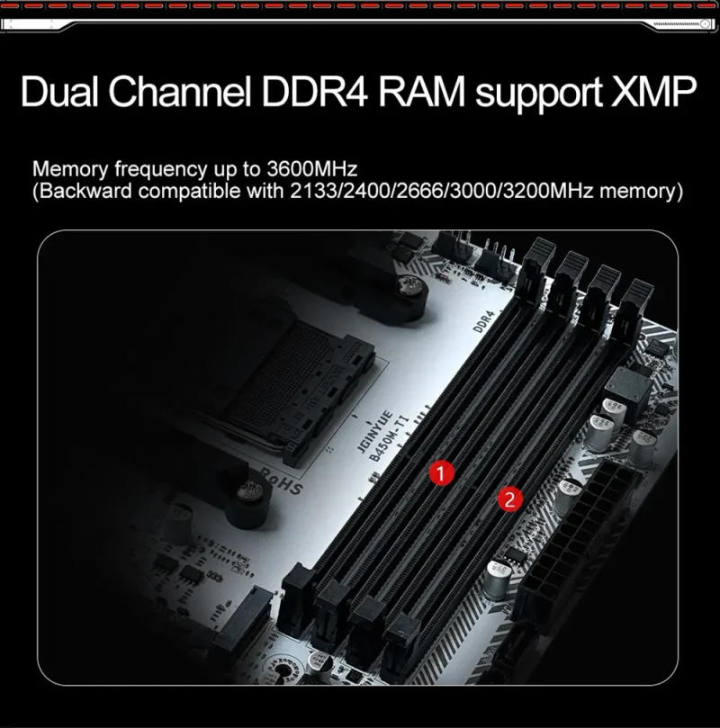 Description Picture 5 of itemJGINYUE B450M Motherboard AMD Ryzen 5 5500 DDR4 Dual Channel Memory Max 64GB RAM 2 M.2 M-ATX B450M GAMING Board