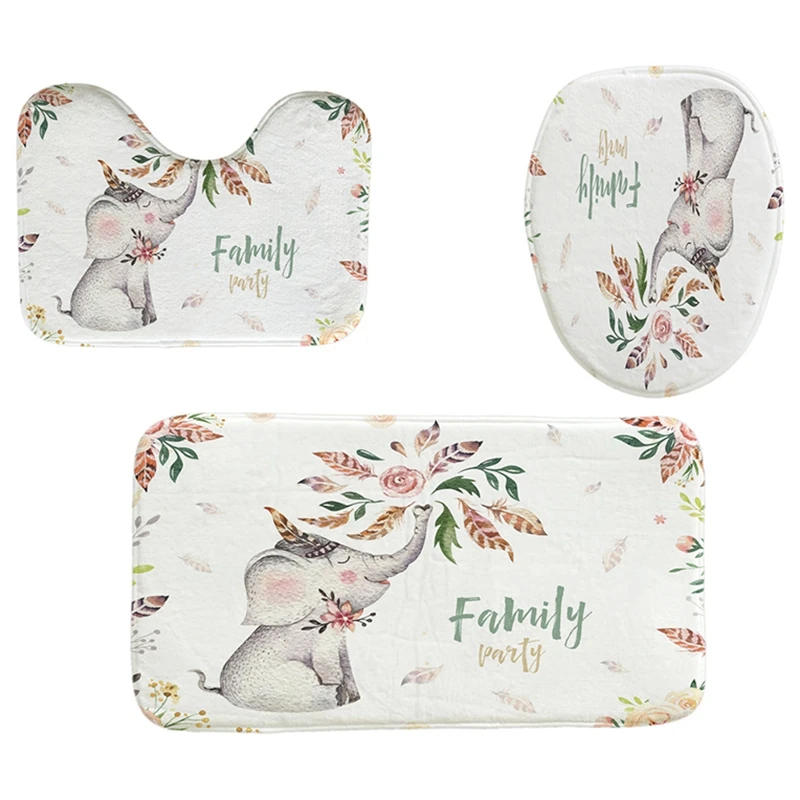 Description Picture 2 of itemJFBL Hot 4Pcs Home Bathroom Decor Set Cool White Background Flower Elephant Pattern Toilet Seat Cover Bath Mat Set Waterproof Sh