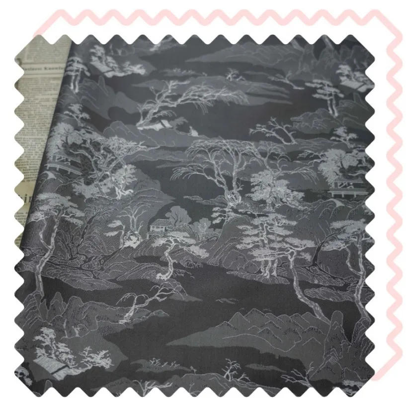 Description Picture 3 of itemChinese Style Black Gray Mountain Pattern Yarn Dyed Jacquard Fabric Antique Dress Cheongsam Diy Sewing Fabric