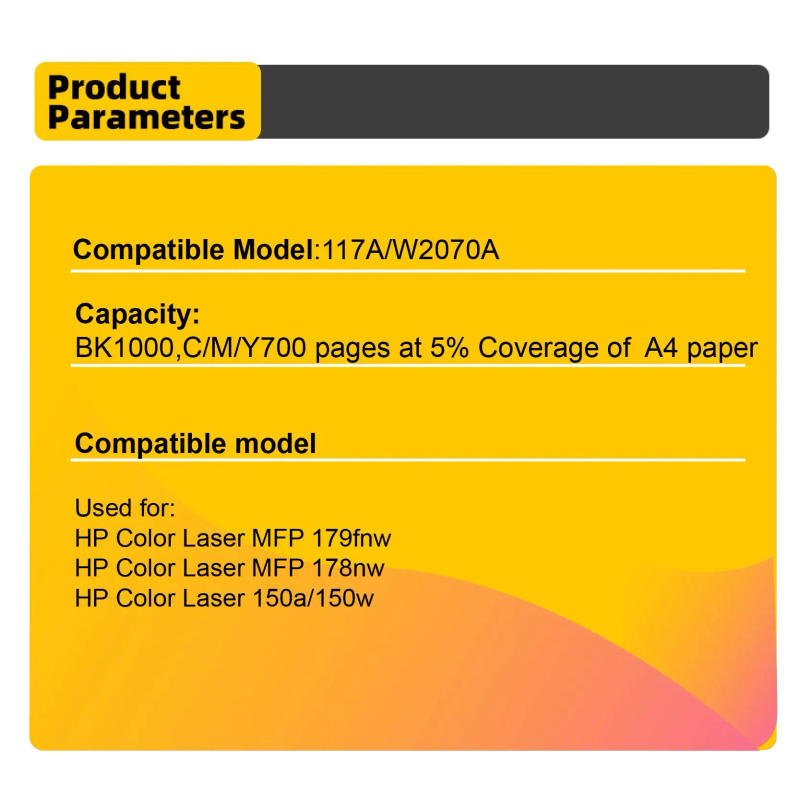 Description Picture 3 of itemCompatible for hp117a Toner Cartridge HP 117a w2070a For HP MFP179fnw 178nw 150a 150nw color Laser printer With Chip