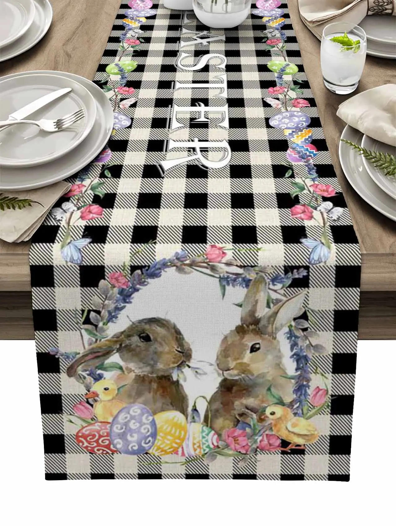 Description Picture 2 of itemEaster Bunny Egg Duck Flower Linen Table Runner Wedding Decoration Anti-Fouling Rectangular Dining