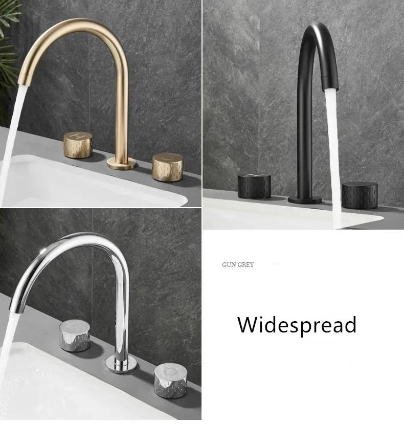 Description Picture 2 of itemBrushed Gold Basin Faucet Brass Gray Widespread Bathroom Black Sink Faucets 3 Hole Hot And Cold  Chrome Water Tap