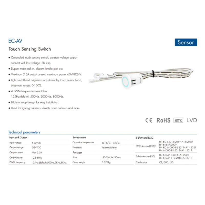 Description Picture 5 of itemDC5V-24V 2.5A Dimmer Sensor Touch Sensing Switch EC-AV Controller Conceal Touch Sensing Switch for Single Color Led Strip Light