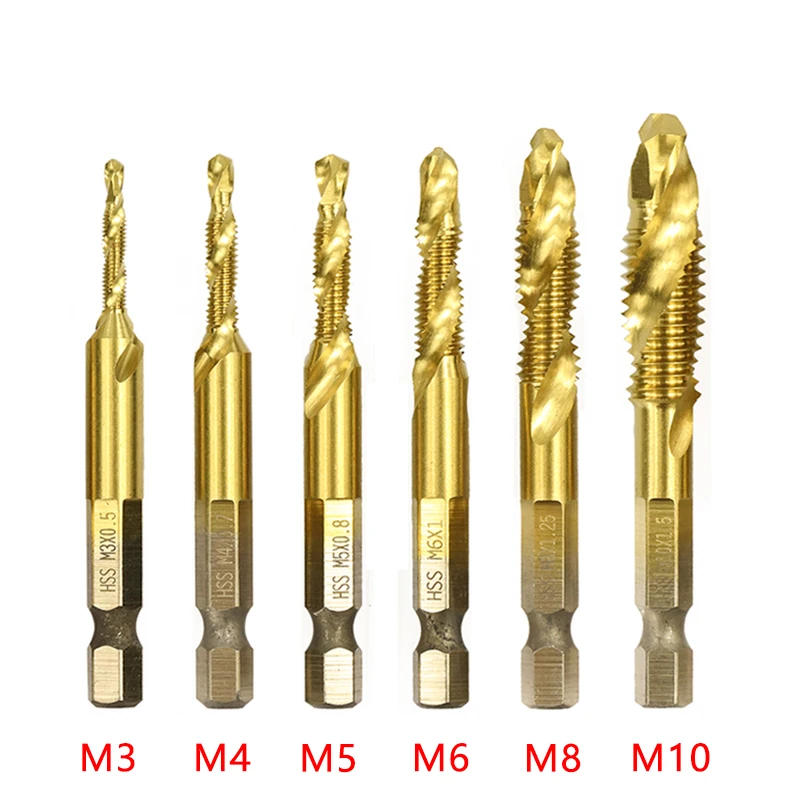 Description Picture 2 of item1/6Pcs Tap Drill Bit Set Hex Shank Titanium Plated HSS Screw Thread Bit Screw Machine Compound Tap M3 M4 M5 M6 M8 M10 Hand Tools