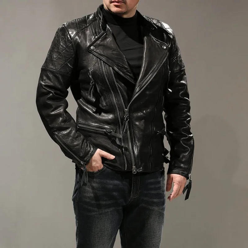 Description Picture 5 of itemMens Motorcycle Biker Genuine Leather Jacket Zippers Slim Fit Punk Style Natural Sheepskin Coat Autumn Windproof Riding Jacket