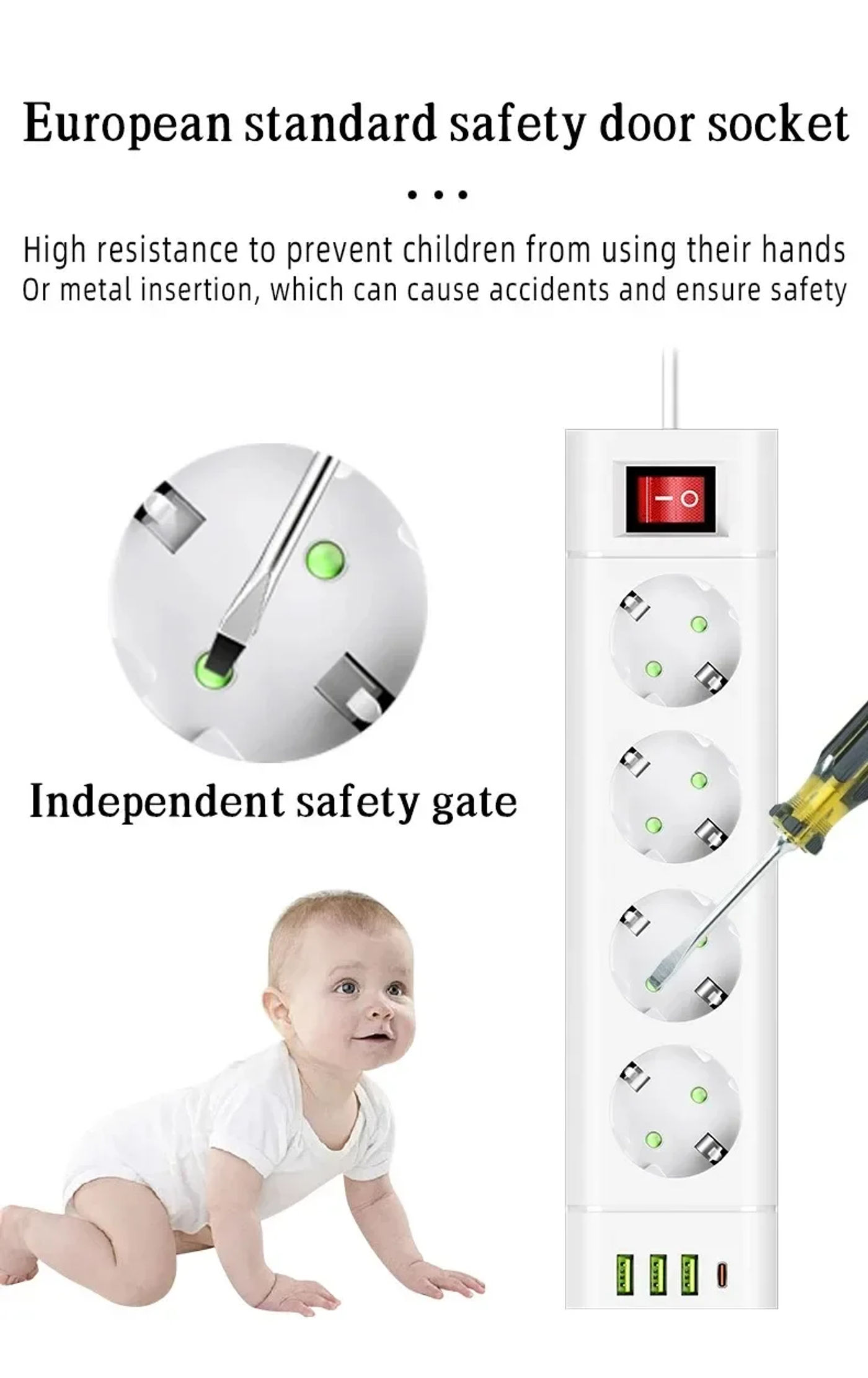 Description Picture 5 of itemEU Plug Power Strip DC Outlet Extension Cord 3/4/5 Electrical Socket with 3 USB Type-C Port 2500W Multicontact Home Appliance