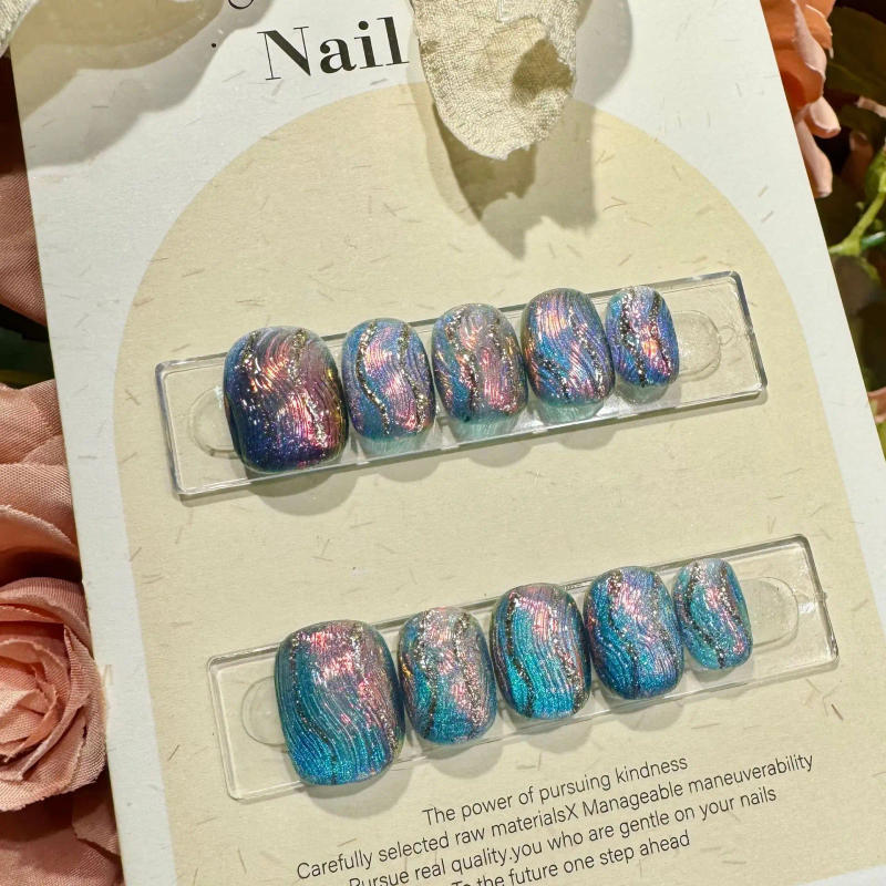 Description Picture 5 of item10Pcs Handmade Press on Nails Blue Fake Nails with Fish Pattern Wearable Stick-on Nails Full Cover False Nail Накладные Ногти
