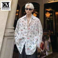 Men Butterfly Translucent Loose Casual Long Sleeve Vintage Shirts Women Sunscreen Blouses Korean Streetwear Party Dress Shirts