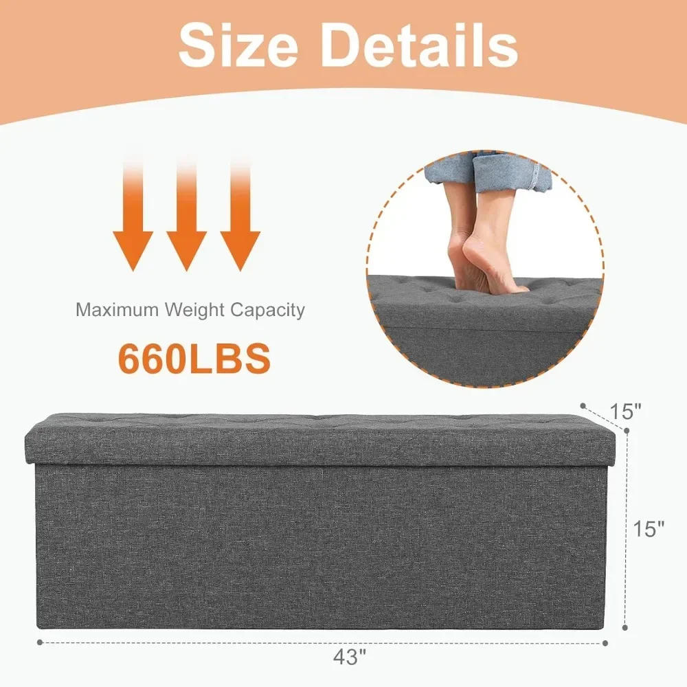 Description Picture 5 of item43 Inch Folding Storage Ottoman Bench, Holds Up To 660lb-Grey FootRest Stool with Padded Seat