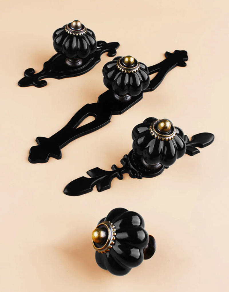 Description Picture 3 of itemBlack Ceramic Single Hole Knobs with Backplate for Drawer Antique Bronze Dresser Wardrobe Pulls Pumpkin Creative Cabinet Handles