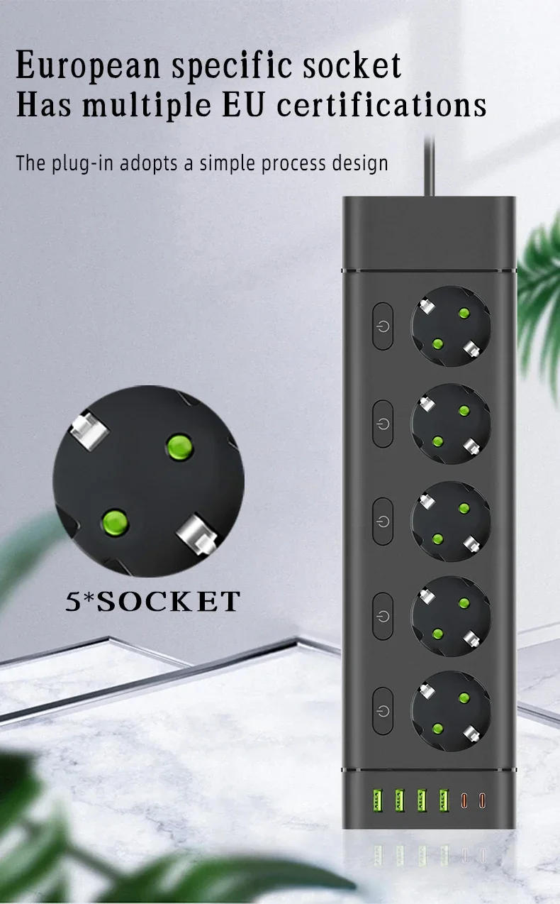 Description Picture 2 of itemEU Plug Power Strip Multiple Independent Control Outlet Sockets 2m Extension Cord Electrical Socket with 4 USB 2 Type-C Ports