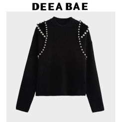DEEABAE Korean Style Women's Clothing Heavy Black Pearl Off-shoulder Top Short Style Small Knitwea Pullovers