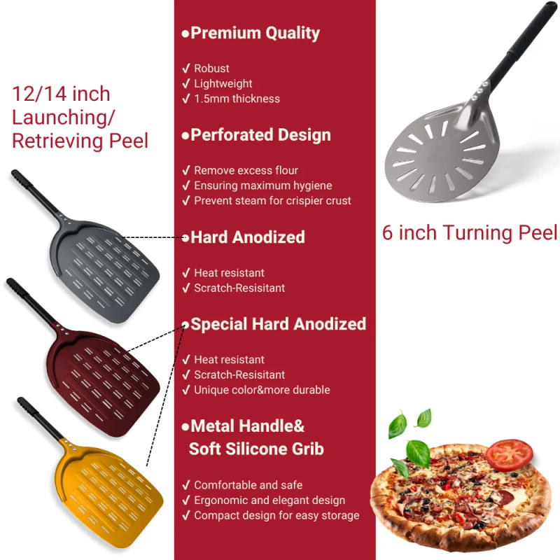 Description Picture 3 of item12 14 &6 Inch Pizza Peel Long Handle Turning Paddle Aluminum Pizza Turner Baking Tool Perforated 2 pack Kitchen Accessories