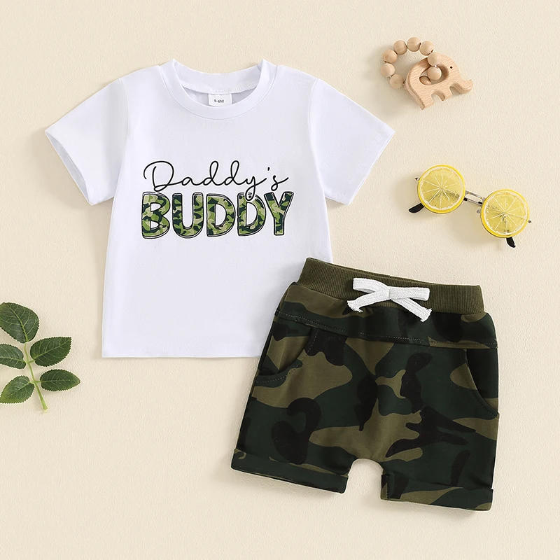 Description Picture 2 of itemBaby Boys Shorts Set Short Sleeve Letters Print T-shirt with Camouflage Shorts Summer Outfit