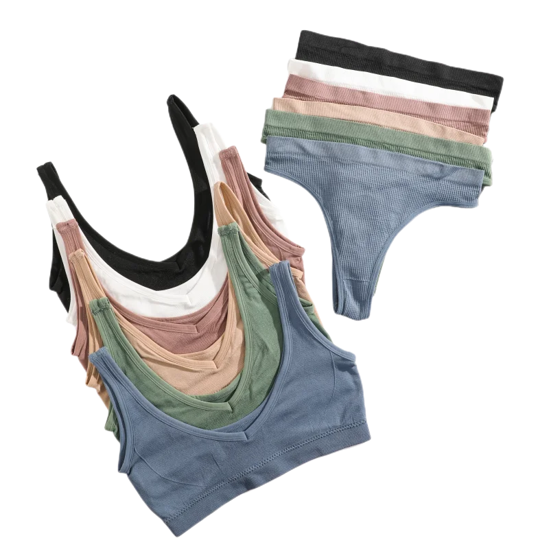 Description Picture 4 of itemV Neck Seamless Bra Set Women Sexy Lingerie Set Small Cup Bras Crop Tops Low Waist Thongs Female Ribbed Fitness Underwear Set