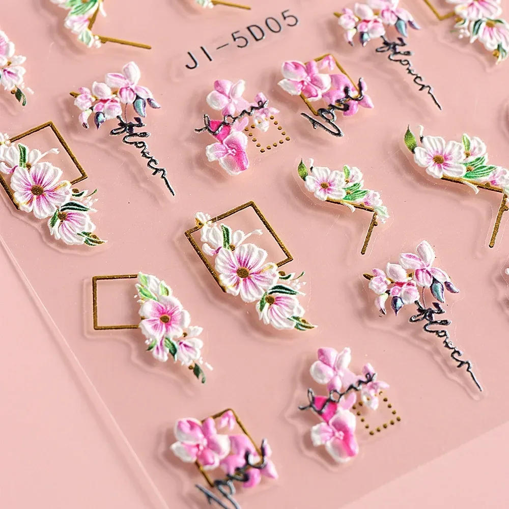 Description Picture 5 of item5D Nail Stickers Flowers Geometric Lines Decor Acrylic Embossed Sliders Gold Frame Nail Decals Cherry Blossom Manicure Nail Art