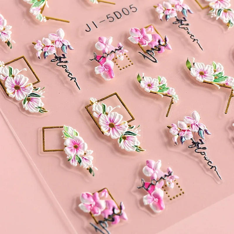 Description Picture 5 of item5D Nail Stickers Flowers Geometric Lines Decor Acrylic Embossed Sliders Gold Frame Nail Decals Cherry Blossom Manicure Nail Art