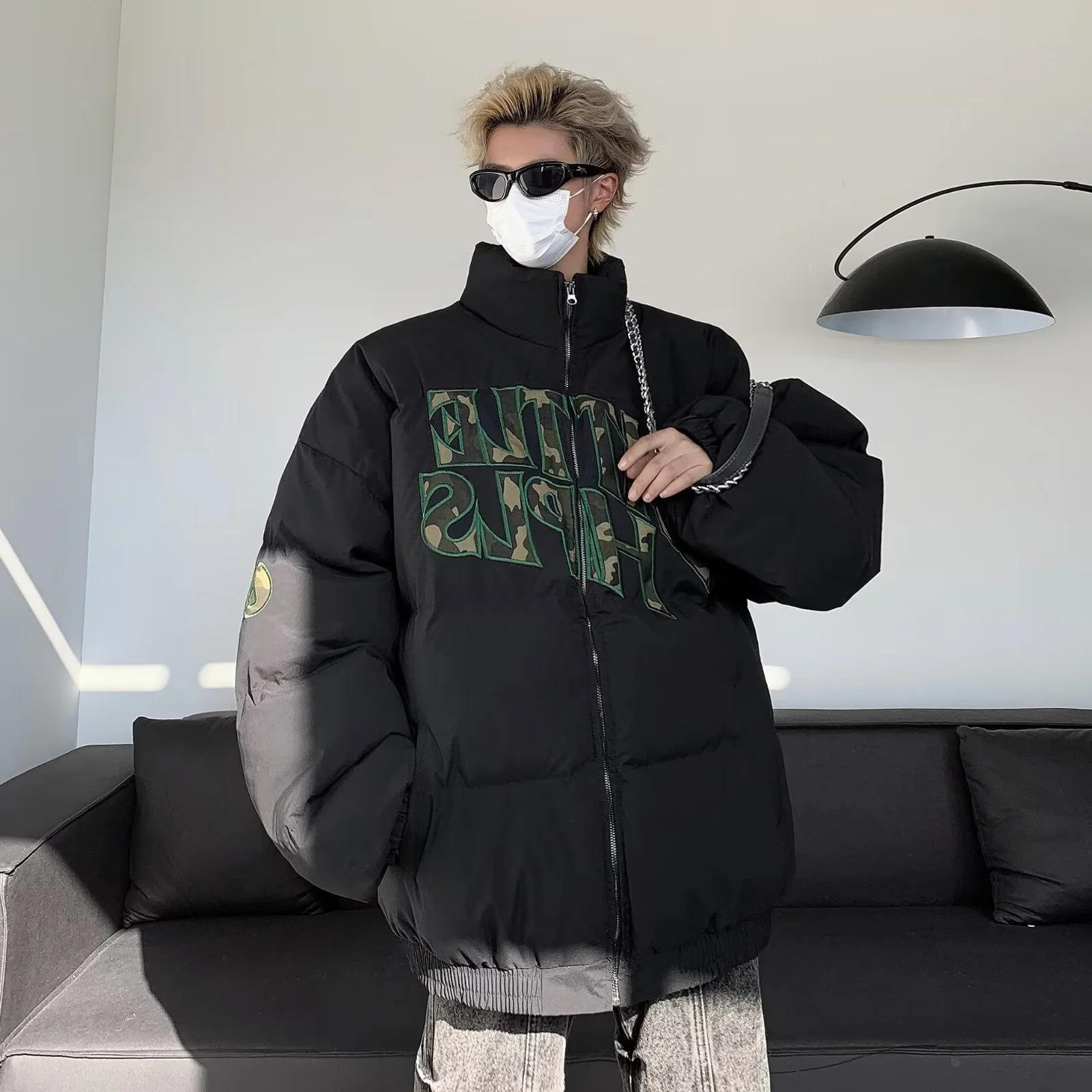 Description Picture 4 of itemWinter  Embroidered Letters Printed Stand Collar Cotton-padded Overcoat Men Thickened Casual Loose High Street Parkas